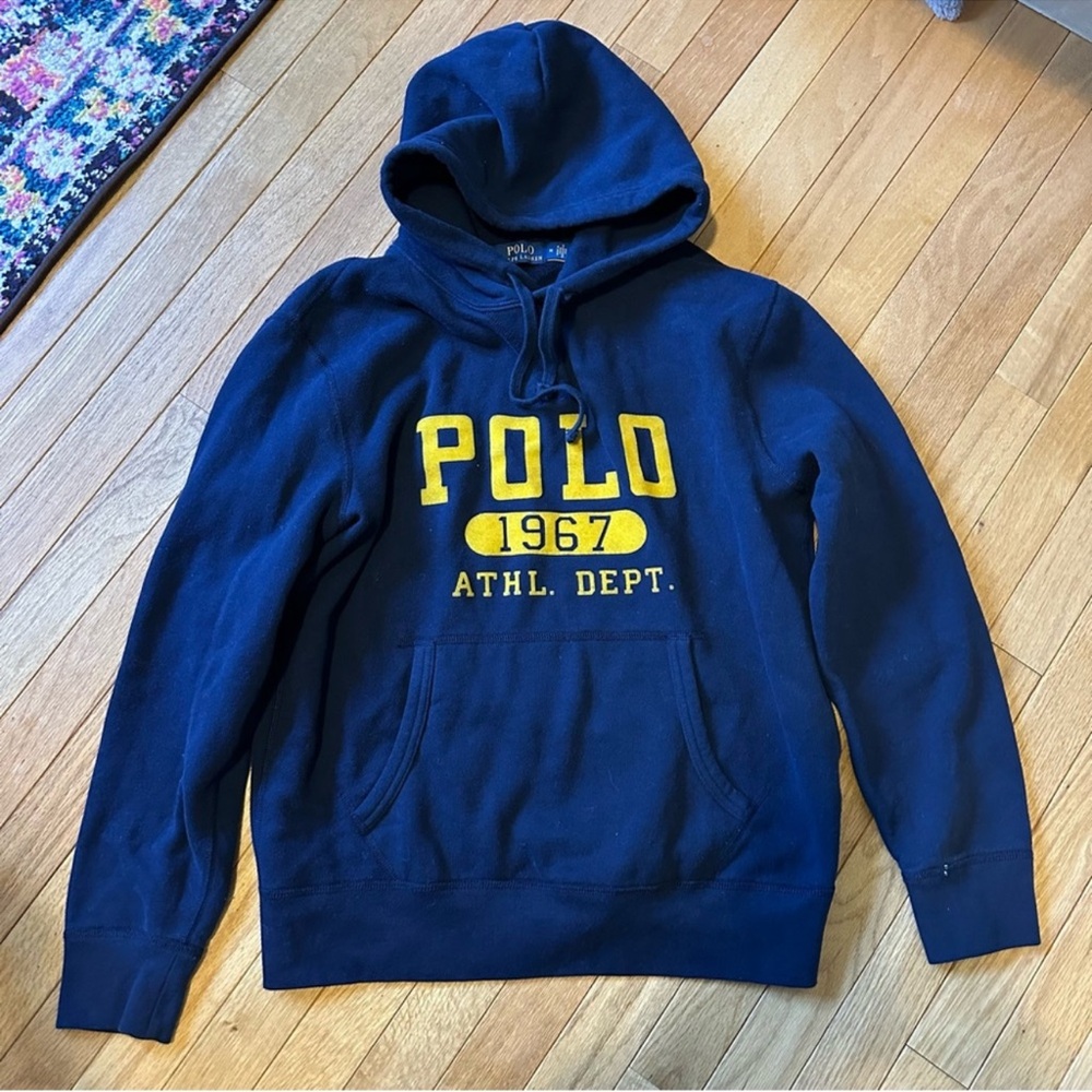 Polo Ralph Lauren Logo Hooded Sweatshirt Mens Medium Gold Navy - Picture 6 of 6